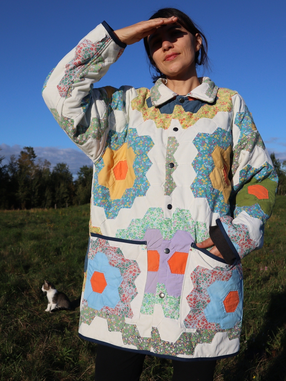 Quilted Patchwork Floral Oversized Jacket - White Multicolor
